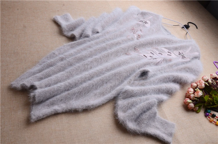 Ladies mink cashmere o-neck loose fluffy angora rabbit fur hand knitted beading pullover sweater short warm sweater products