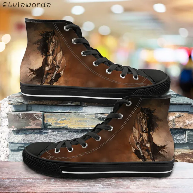 ELVISWORDS 3D Painting Horse Black High Top Women Casual Canvas Shoes Womens Vulcanize Flats Shoes Spring Woman Girls Sneakers MULTI