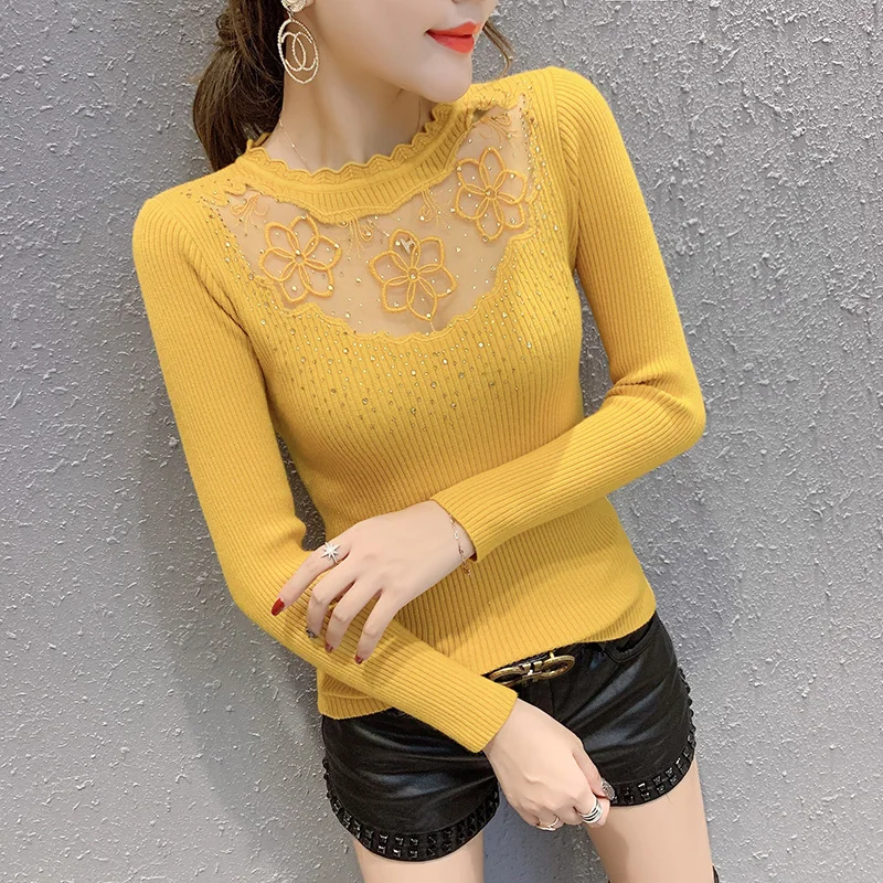 Yellow sweater Весенний женский свитер с розовыми бриллиантами, кружевной пуловер с вышивкой, вязаный джемпер с длинным рукавом, свитер для женщин M9D293 - Цвет: Yellow sweater