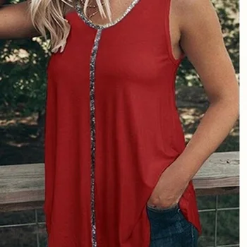 

2020 spring and summer new casual fashion high-end quality super show temperament solid color V-neck sequin sleeveless T-shirt w