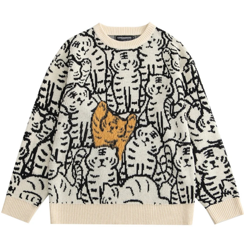 Harajuku Vintage Streetwear Sweaters Men Pullover Cartoon Tiger Pattern Knitted Jumpers 2021 Autumn Couple Casual Loose Tops | Мужская
