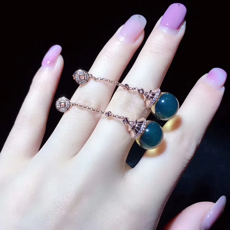 

Luxury Classical-Style 11-12mm Mexico Blue Amber Earrings Electroplated Rose Gold Cheongsam Formal Dress Versatile