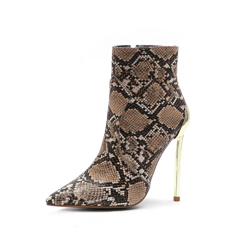 KATELVADI Winter Ankle Boots Women PU Leather Brown Snake Pattern 12.5CM High Heels Sexy Party Short Boots Pointed Toe K-561