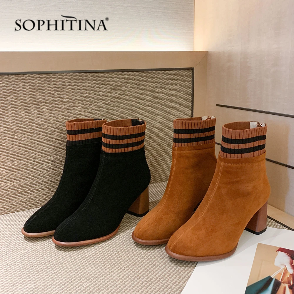 SOPHITINA/модные женские ботильоны; повседневная обувь ручной работы на квадратном каблуке в мелкую клетку; удобные женские ботинки на высоком каблуке с круглым носком; SO232