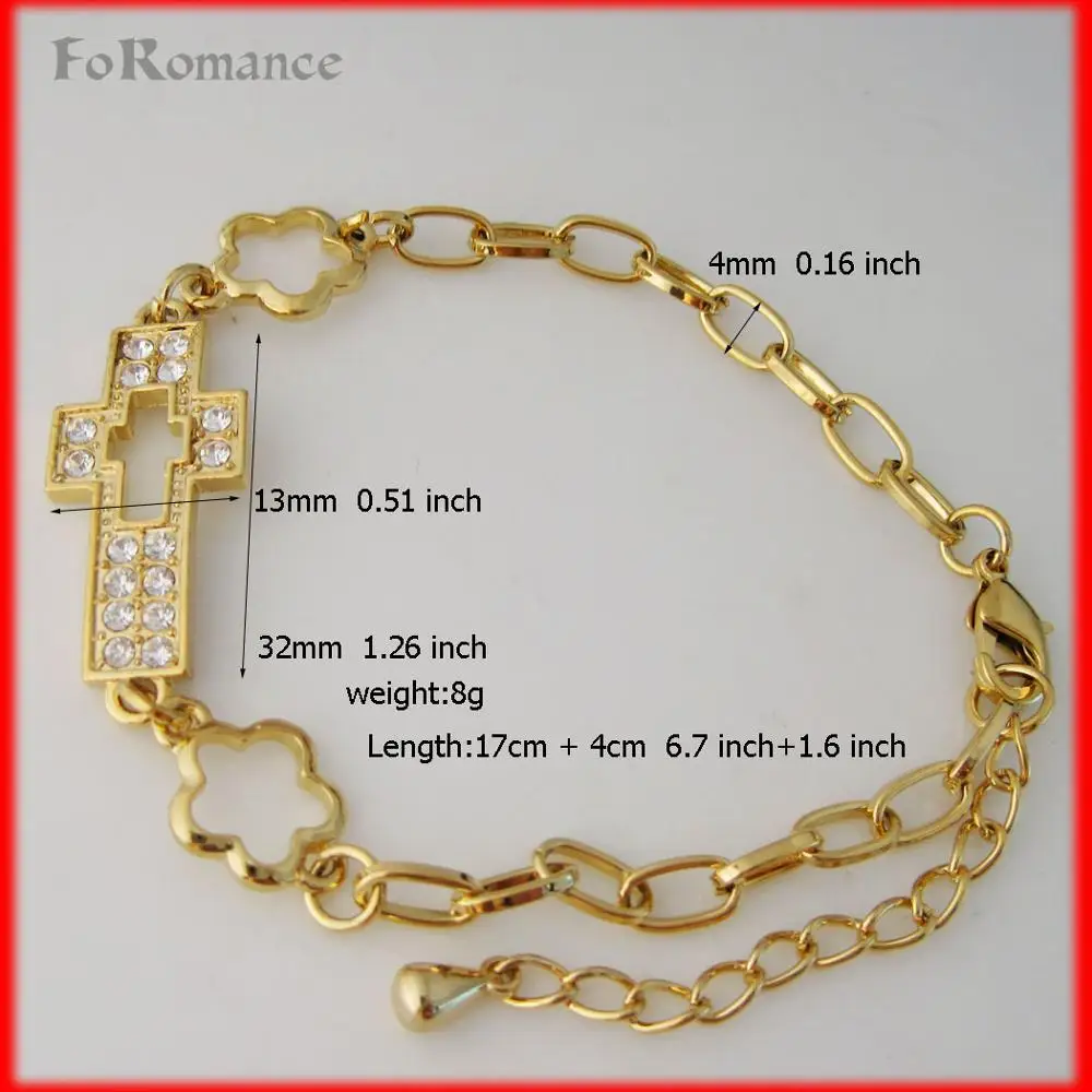 FOROMANCE/6,"+ 1,6" женский браслет из желтого золота GP JESUS CROSS RELIGION GOD CHRISTIAN с прозрачным камнем, браслет, 4 мм, широкая цепочка