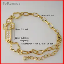 FOROMANCE/6,"+ 1,6" женский браслет из желтого золота GP JESUS CROSS RELIGION GOD CHRISTIAN с прозрачным камнем, браслет, 4 мм, широкая цепочка