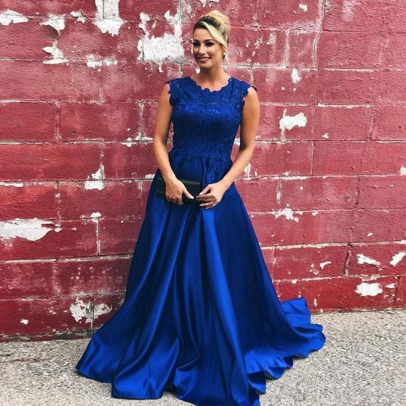 

Blue Evening Dresses 2020 Lace Sleeveless Long Women Formal Prom Party Gowns Sweep Train vestidos de fiesta Plus Size
