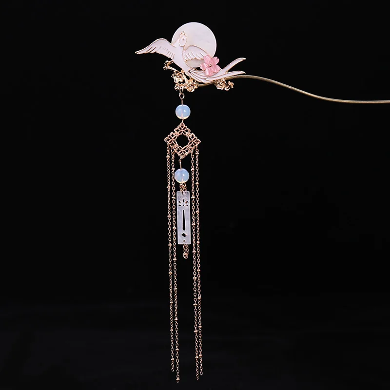 Китайская длинная Лунная палочка для волос Hanfu, тиара, женские аксессуары для волос, серебряная летающая птица, жемчужный головной убор, заколки для волос, женские Украшения для волос