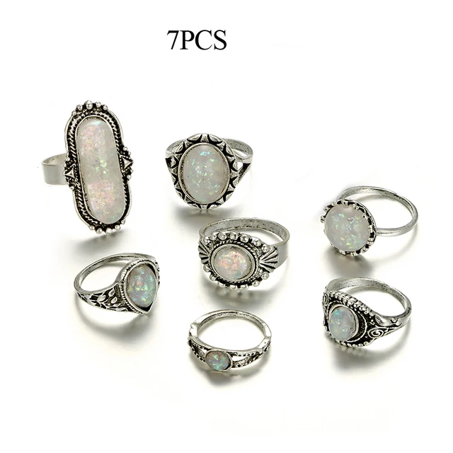 Tocona Vintage Antique Silver Color Rings Sets Colorful Opal Crystal Stone Carve for Women Men Bohemian Jewelry Anillos 6421 5887-silver