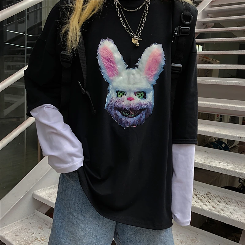 Harajuku уличная футболка Женские рубашки-топы Осень корейский стиль Ulzzang поддельные два кролика печати длинный рукав футболки женские топы
