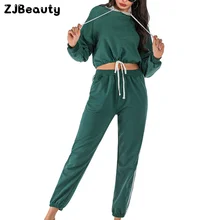 Женский комплект 2 шт., толстовки, штаны, комплект одежды для женщин, длинный рукав, с капюшоном, в полоску, с принтом, Короткая Толстовка, длинные брюки, брюки, костюмы# g4