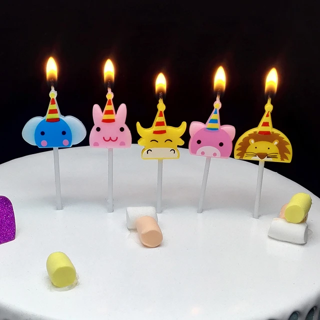 Bougies d'anniversaire en forme de petit animal, chapeau, vache, lapin,  éléphant, 5 lion, gâteau, cadeau