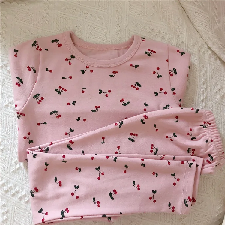 cherry pink Весенне-осенние хлопковые Пижамные комплекты с героями мультфильмов для мальчиков и девочек детская футболка с длинными рукавами и штаны комплекты из 2 предметов домашняя одежда - Цвет: cherry pink