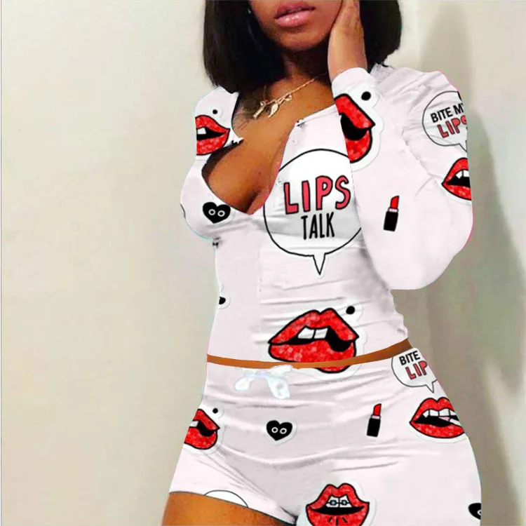 

Women Lips Talk Love Print Long Sleeve Tops Shorts Suit Two Piece Set Sexy Club Party Women's Set Matching Set Outfits