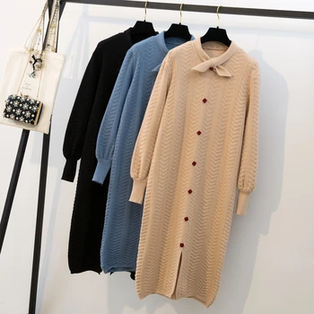 

2020 Autumn Winter Large Size Women's Fat Mm Knitted Medium-Length Loose Age-Reducing Dress Bottom Long Sleeve Dresses L3908