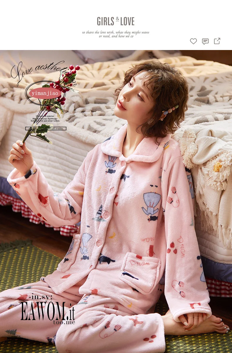 Пижама для женщин, зимняя плотная фланелевая розовая Женская пижама с принтом, милый комплект из двух предметов, домашняя одежда, корейская модная ночная одежда