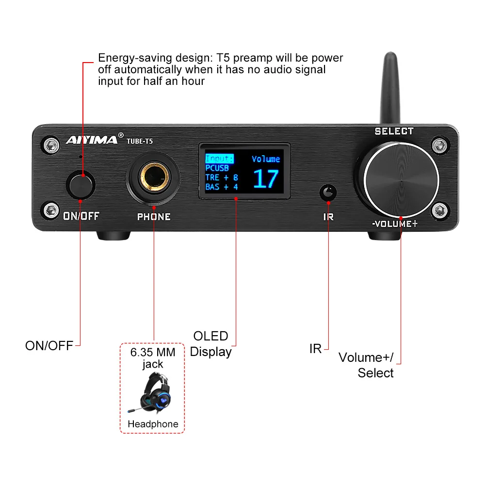 AIYIMA HiFi 6K4 ламповый предусилитель Bluetooth CSR8635 4,2 предусилитель OLED стерео аудио усилитель для наушников USB ЦАП с адаптером 12 в ЕС