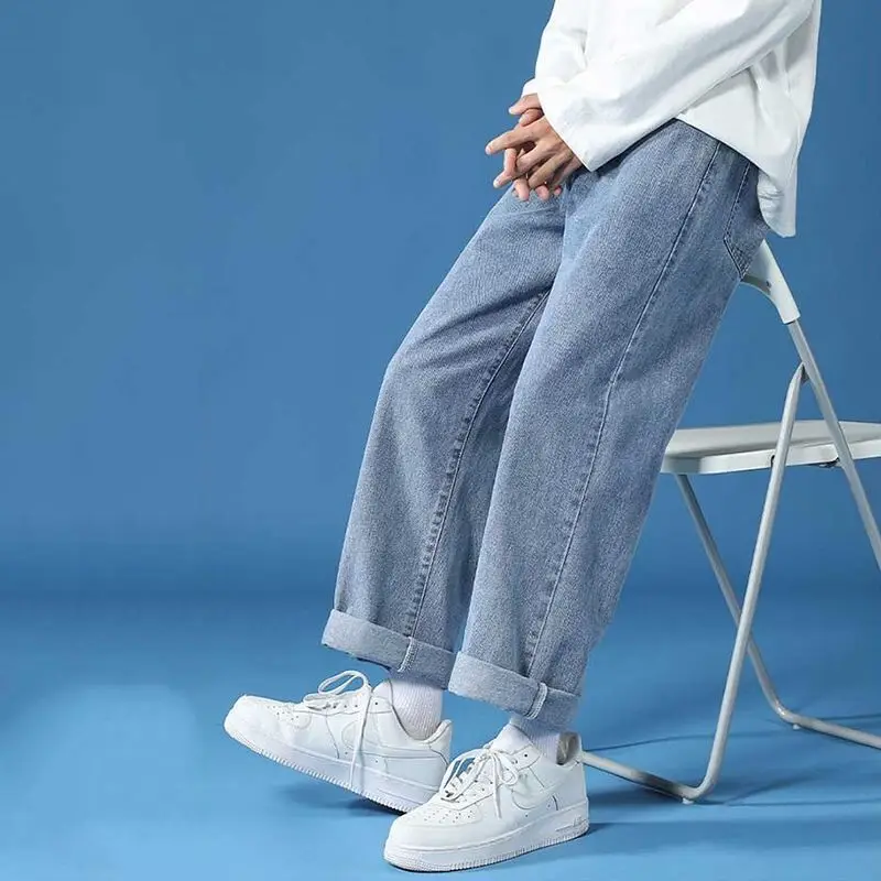 

Straight Jeans Men Blue Loose Denim Trousers Streetwear Casual Solid Color Ankle Length Pants Spring Y787