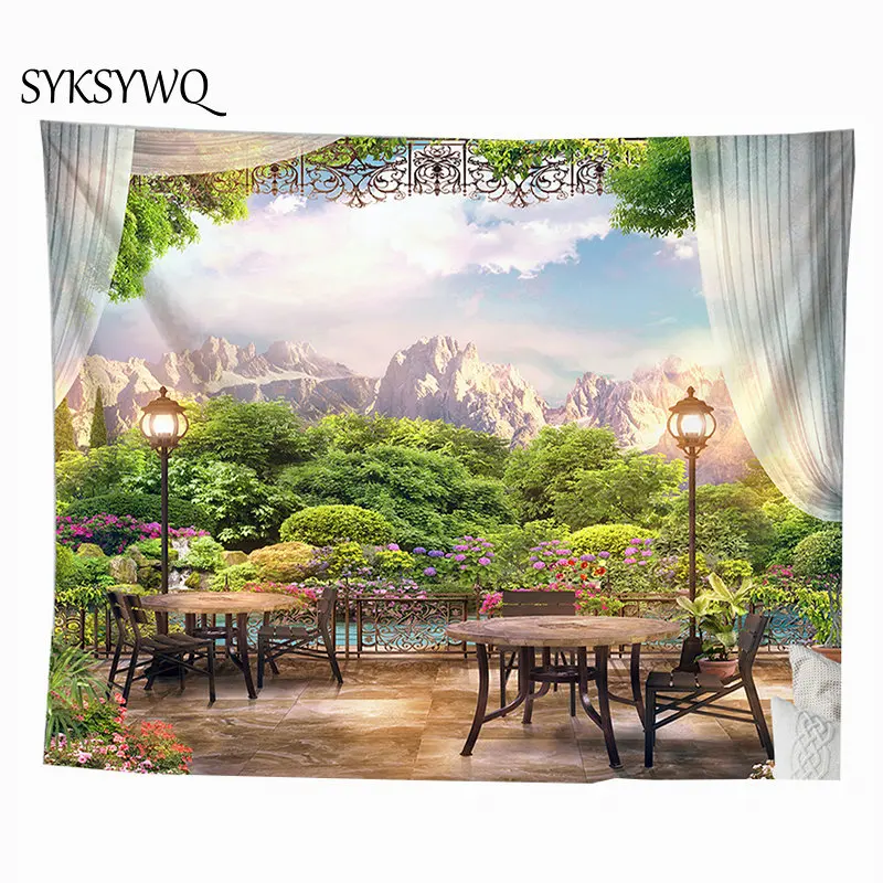 

window scenery forest mountain tapestry wall carpet dorm decor wandkleed wall decoration hanging trippy