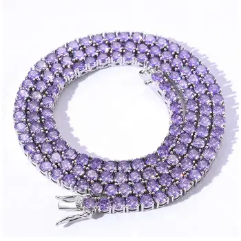 

Purple Color Zircon 1 Row Tennis Chain Necklace Hip Hop Iced Out Jewelry Copper Material Men's Women Necklace Link 4mm width