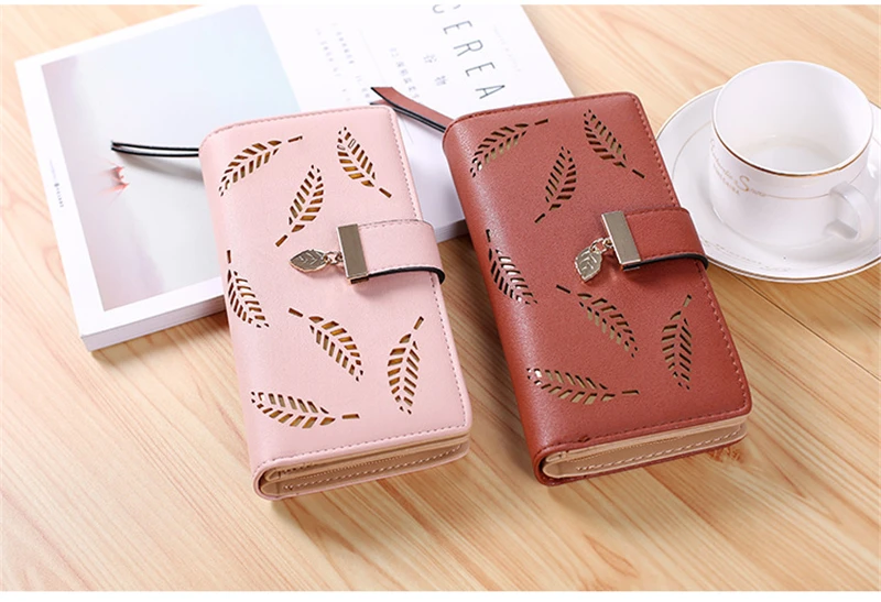 Women's Hollow Golden Leaf Buckle Wallet Female Long Zipper Coin Purses Ladies Multifunction Card Holder Clutch Money Bag