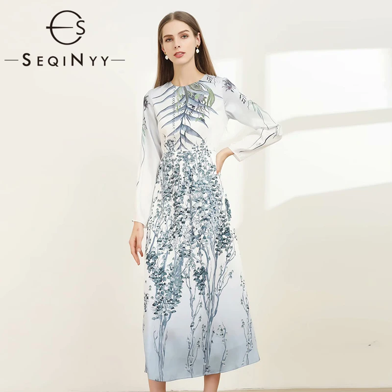 SEQINYY, элегантное белое платье, весна-осень, модный дизайн, женское длинное платье с длинным рукавом, с чернильными цветами, синее, с принтом