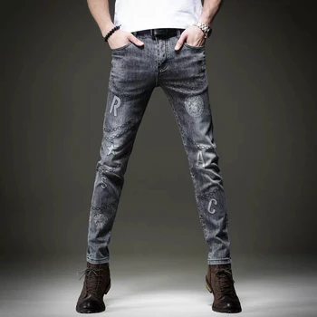 

Free Shipping New 2020 men's male Spring Chain printing jeans European and American casual pants Korean trend slim trousers