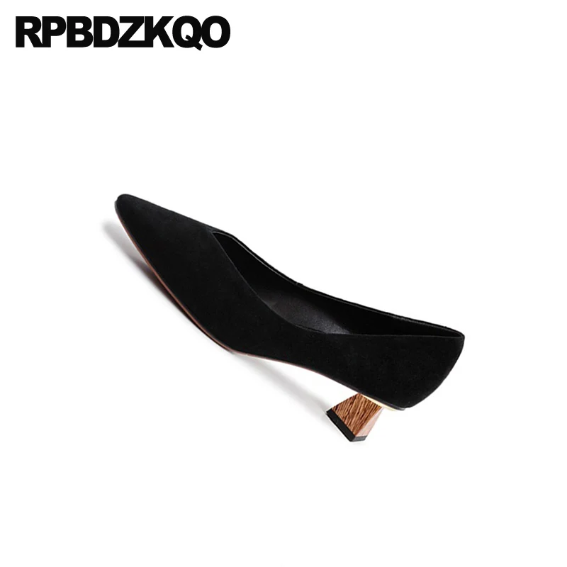 block fashion designer heels women luxury slip on chunky genuine leather black pointed toe suede size 4 34 medium pumps