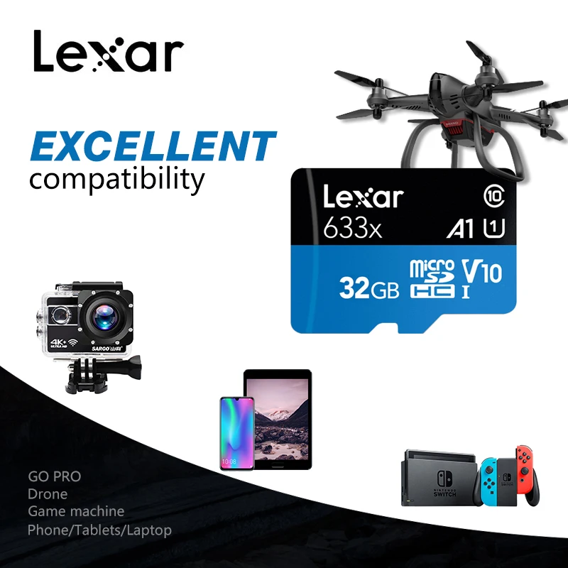 Lexar 633X 95 МБ/с. Micro SD карты 512 ГБ 128 г 256 ГБ SDXC карты памяти SDHC Устройство чтения карт памяти Uhs-1 для DJI Mavic Drone Gopro Sport камера-Регистратор