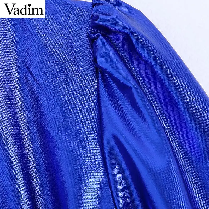 Vadim womem stylich, блестящее синее платье с запахом, v-образный вырез, перекрестный дизайн, галстук-бабочка, пояс, половина рукава, вечерние, Клубные, мини платья, vestidos QD001
