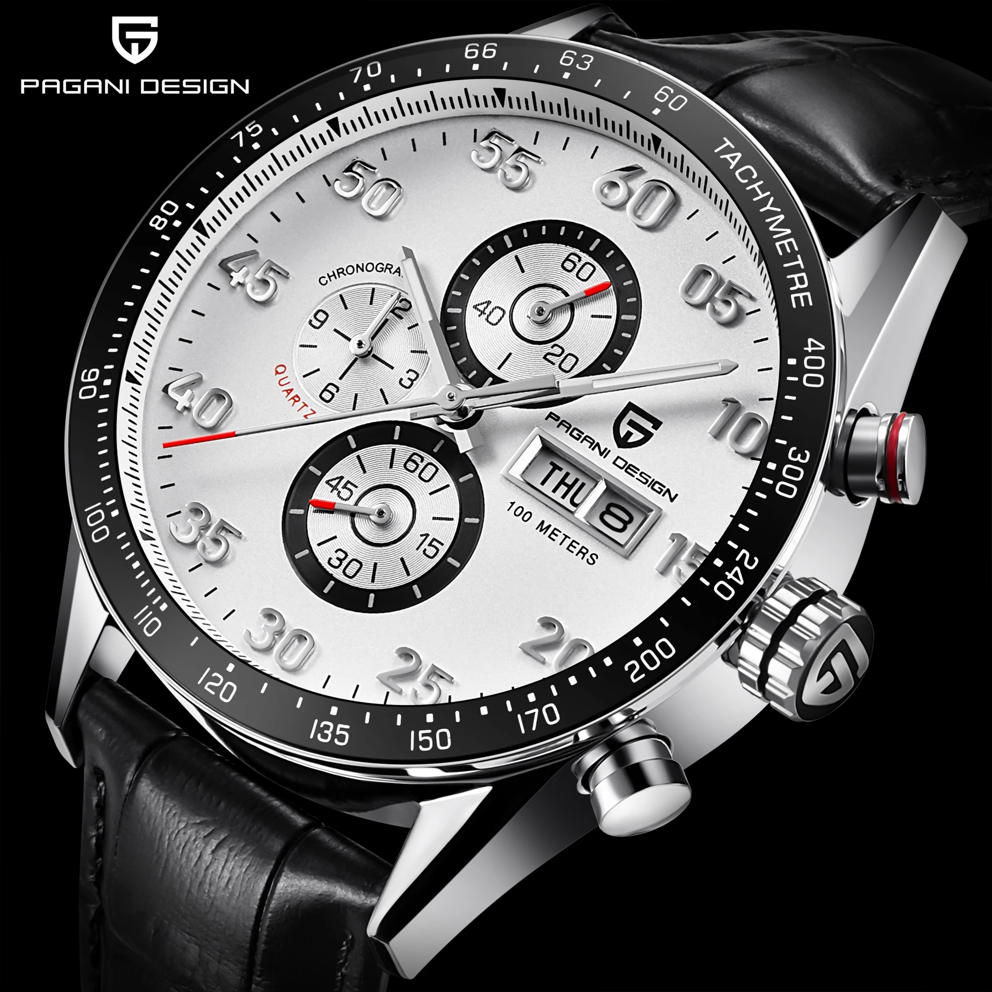 Горячие Роскошные PAGANI Дизайн 42 мм черный циферблат Многофункциональный кварцевый хронограф Тахиметр мужские часы