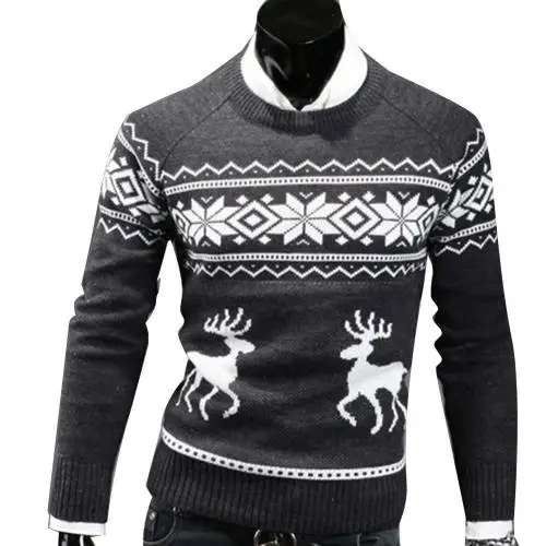 Модный осенне-зимний мужской свитер с высоким воротом и принтом рождественского оленя, повседневный приталенный брендовый вязаный мужской свитер - Цвет: Dark Gray
