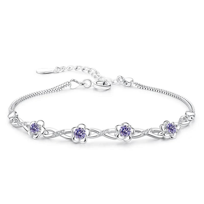 

New 925 Silver Bracelet Zircon Crystal Peach Blossom Flower Silver Bracelet For Woman Charm Jewelry Gift