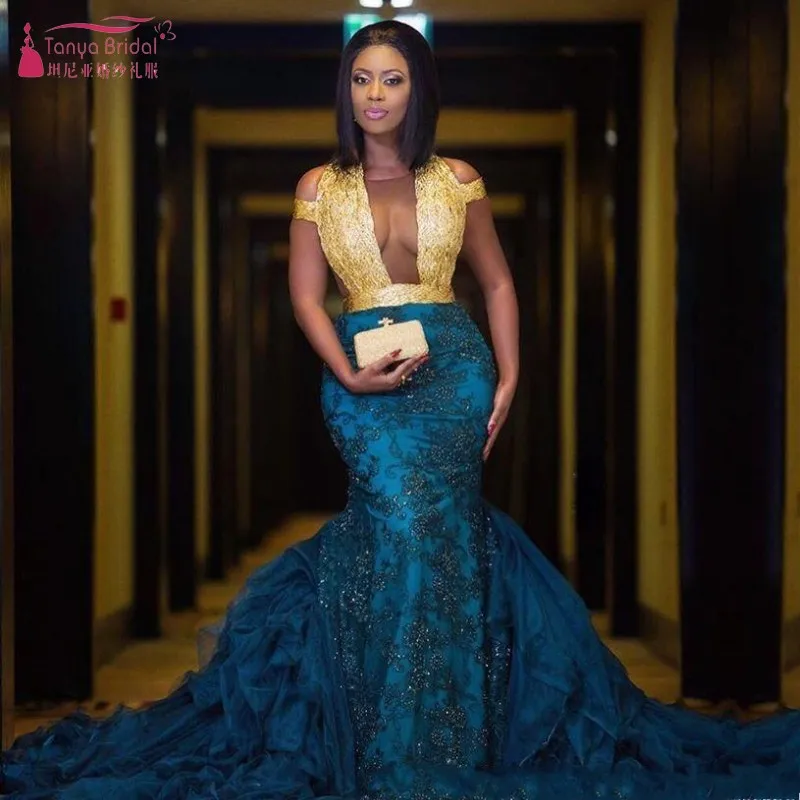 South African Gold With Blue Prom Dresses Sexy See Through Lace Appliques Beads Mermaid Sweep Train Evening Gowns W039 | Свадьбы и