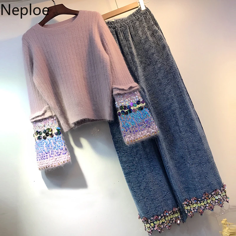 

Neploe 2020 Autumn Winter New Suits Sequins Pullover Sweater + Stretch Waist Wide Leg Pants Fashion Women Two-pieces Sets 54200