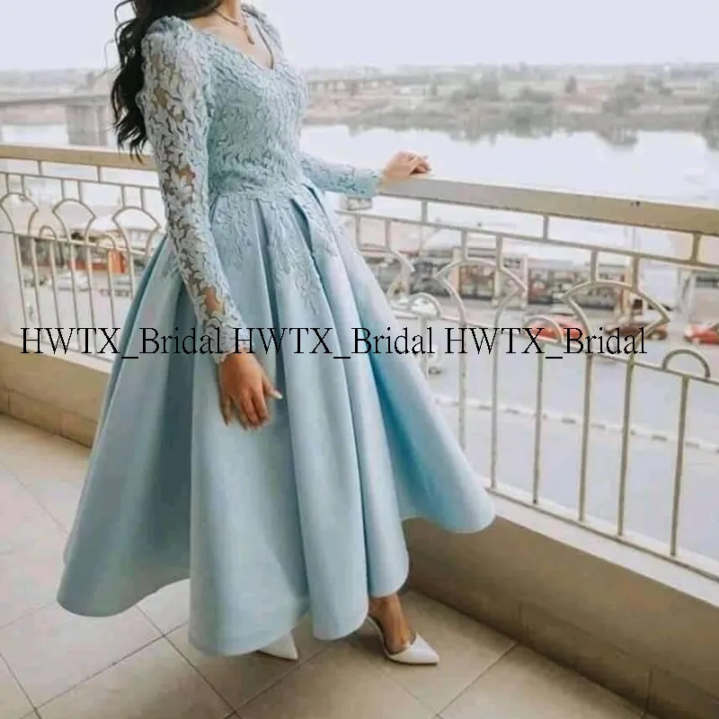 HWTX_Bridal кружевные платья с длинным рукавом для выпускного вечера длинного размера плюс А-силуэта с v-образным вырезом атласные женские Вечерние Платья Vestidos de fiesta
