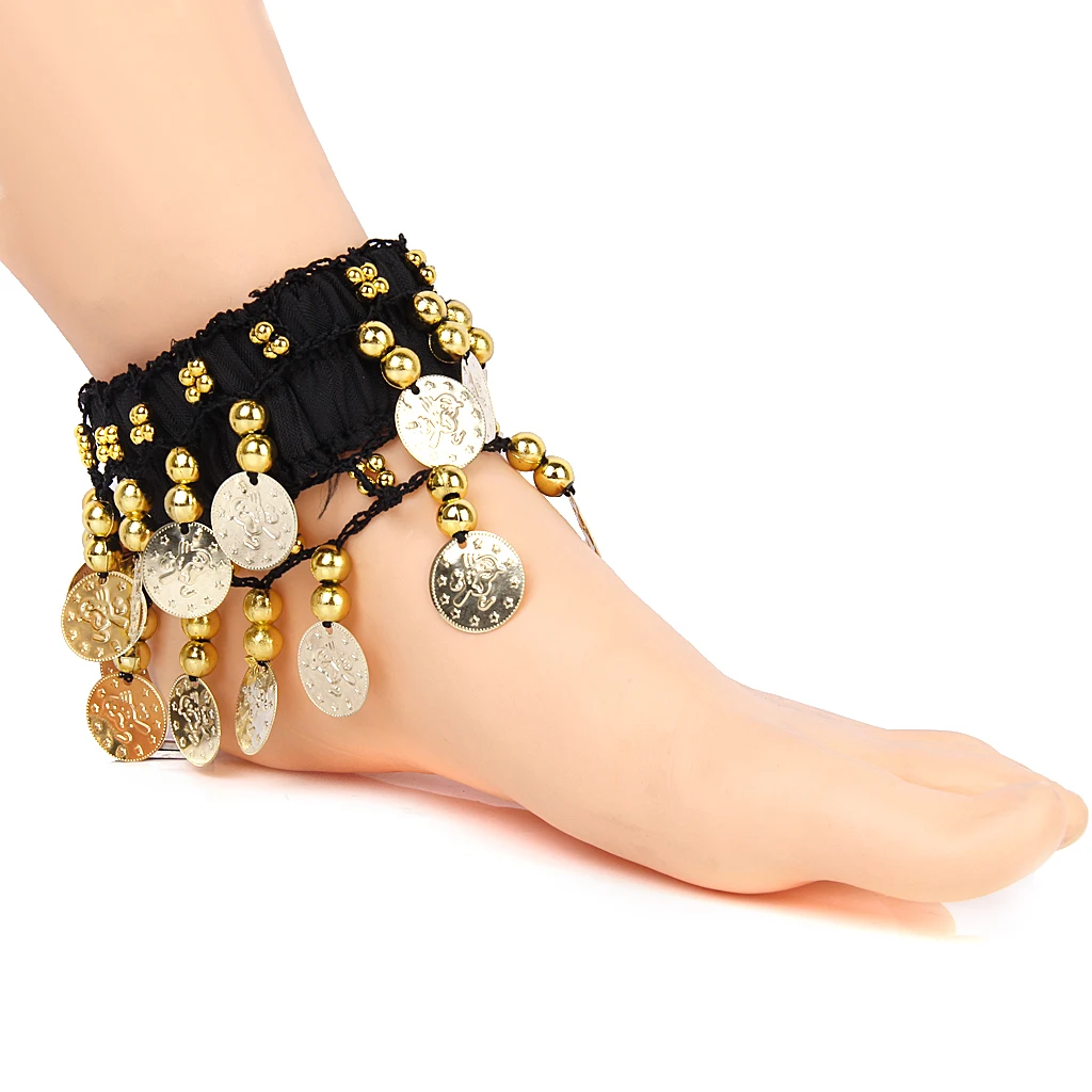 Chic Belly Dance Arm Ankle Cuff Wrist Bracelets W/ 24 Golden Coins - Black