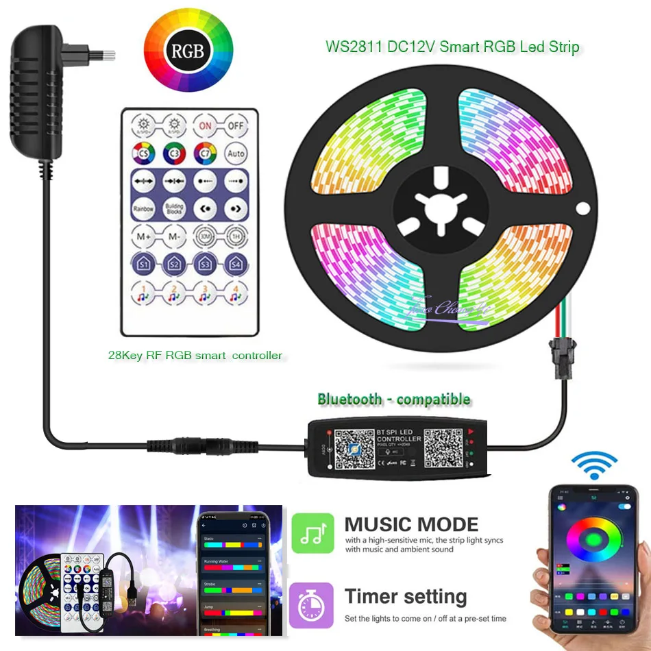 

Умная RGB Светодиодная лента WS2811, 30 пикселей/м, лампа 12 В постоянного тока, пульт дистанционного управления с 28 кнопками, комплект Bluetooth-совместимого музыкального контроллера 1 м-10 м