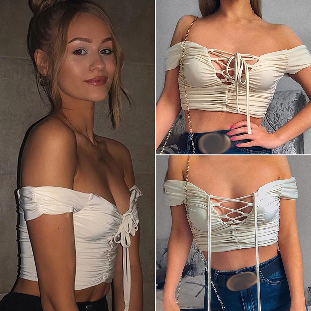 Сексуальные Шоппинг Путешествия Slim Fit с открытыми плечами драпированные вечерние для женщин укороченный топ однотонные летние кружевные женские с открытой спиной для свиданий