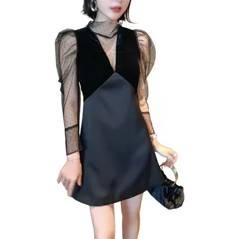 

Commuter Solid Color Dress Elegant Fashion Stand Collar Mesh Sexy Vestidos Sheer Temperament Stitching Pleated Dress 2020 new