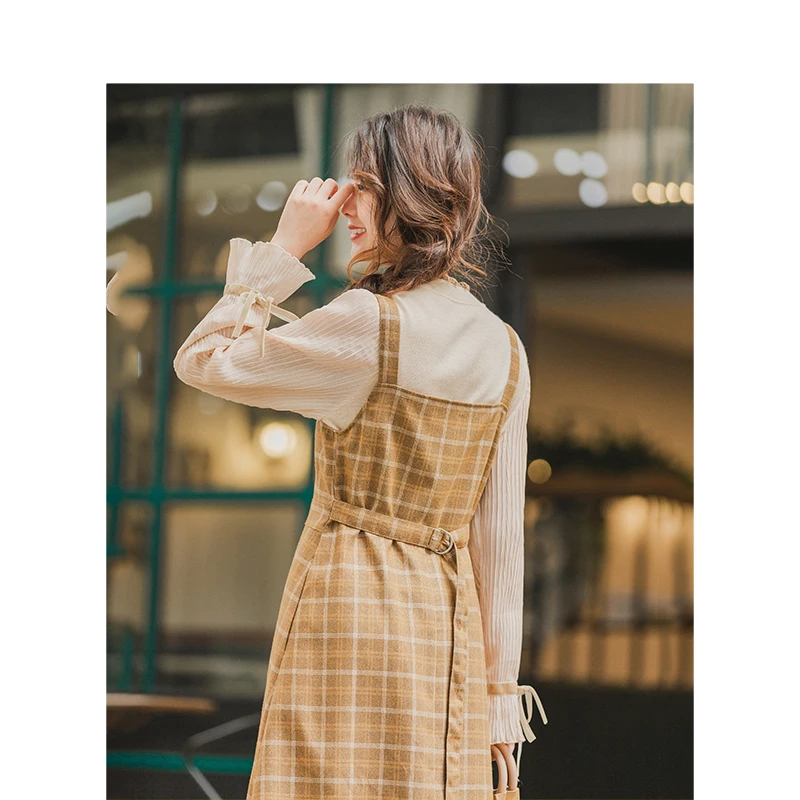 Kopen Inman Winter Literaire Retro Vierkante Hals Koffie Plaid Vetersluiting Mouwloze Vrouwen Jurk