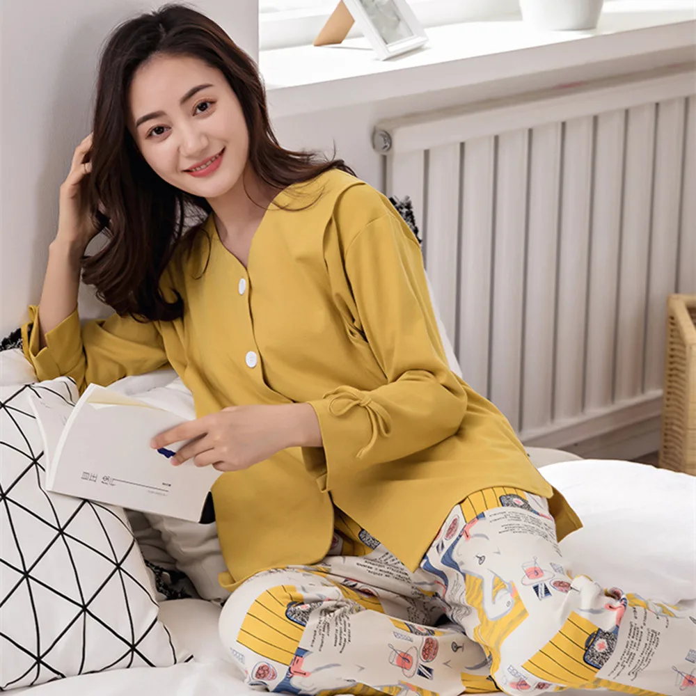 Fdfklak Nightie For Feeding Cotton Maternity Pajamas Long Sleeve Pijama Maternal Spring Autumn Print Pregnancy Sleepwear new autumn pregnant pajamas set long sleeve nursing pyjama homewear long sleeve breastfeeding clothes maternity pijama outfit