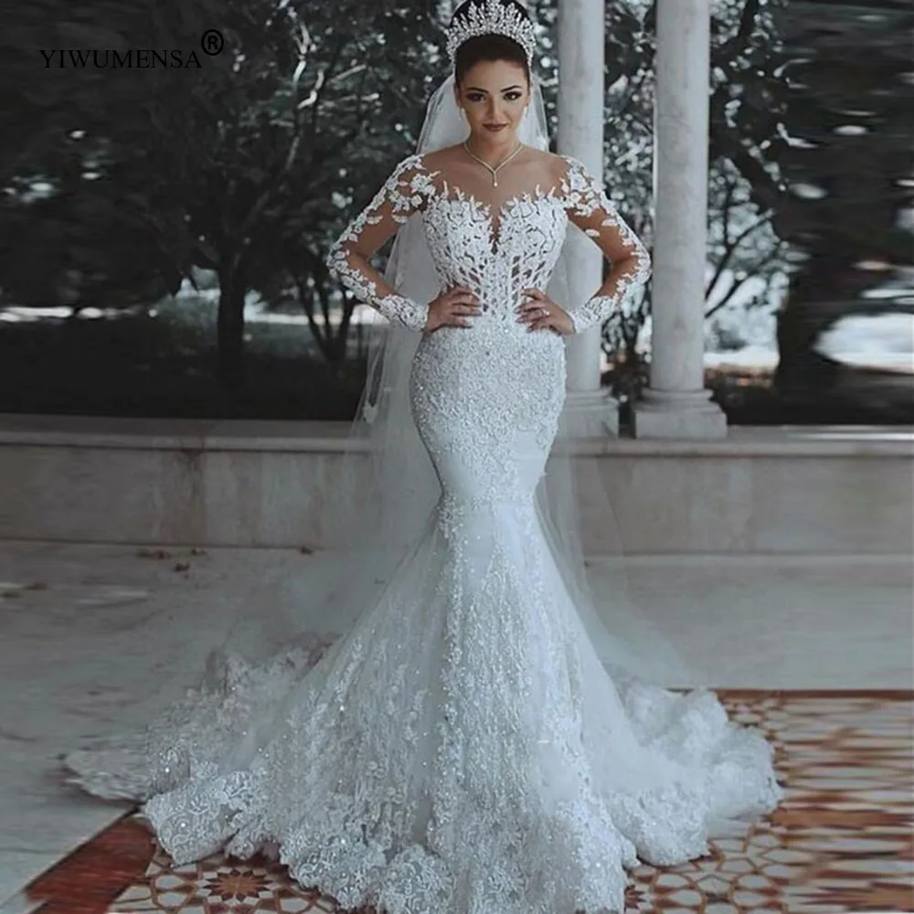 Dubai African Long Sleeves Mermaid Wedding Gowns  Illusion Skin Tulle Lace Appliques Beaded Bridal Dresses Robe De Mariee 2021 wedding gown