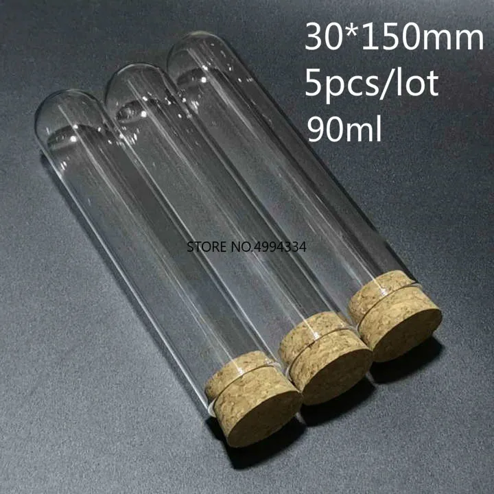 

5pcs/lot 30x150mm 90ml Glass Round Bottom Tubes with Cork Stopper for Test