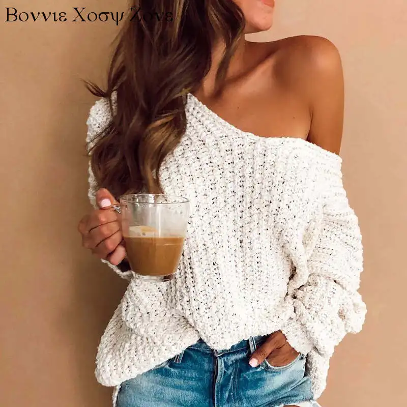 

Women Elegant Autumn Solid V-Neck Long Sleeve Knitting Sweater Casual Warm White Tops
