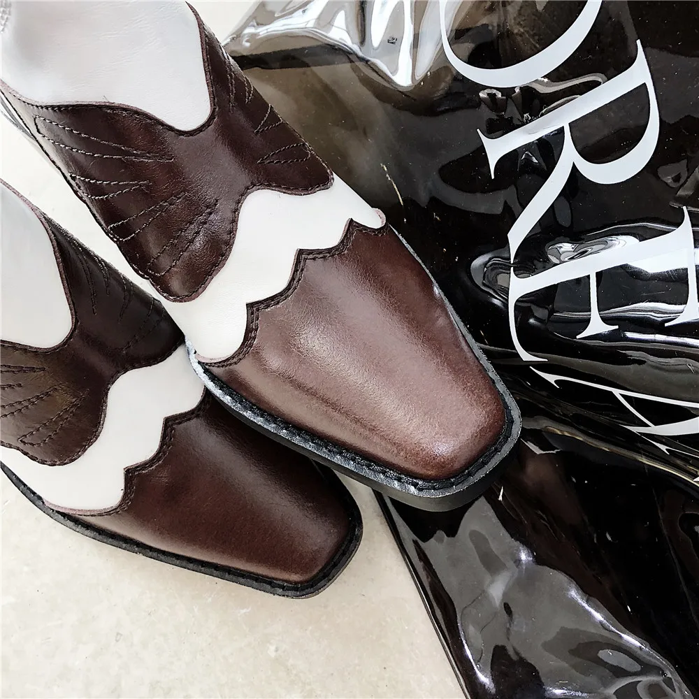 Women Boots Genuine Leather Square High Heels Mixed Colours Wings Decoration Hollow Design Mid-calf Boots Brown FR01 MUYISEXI