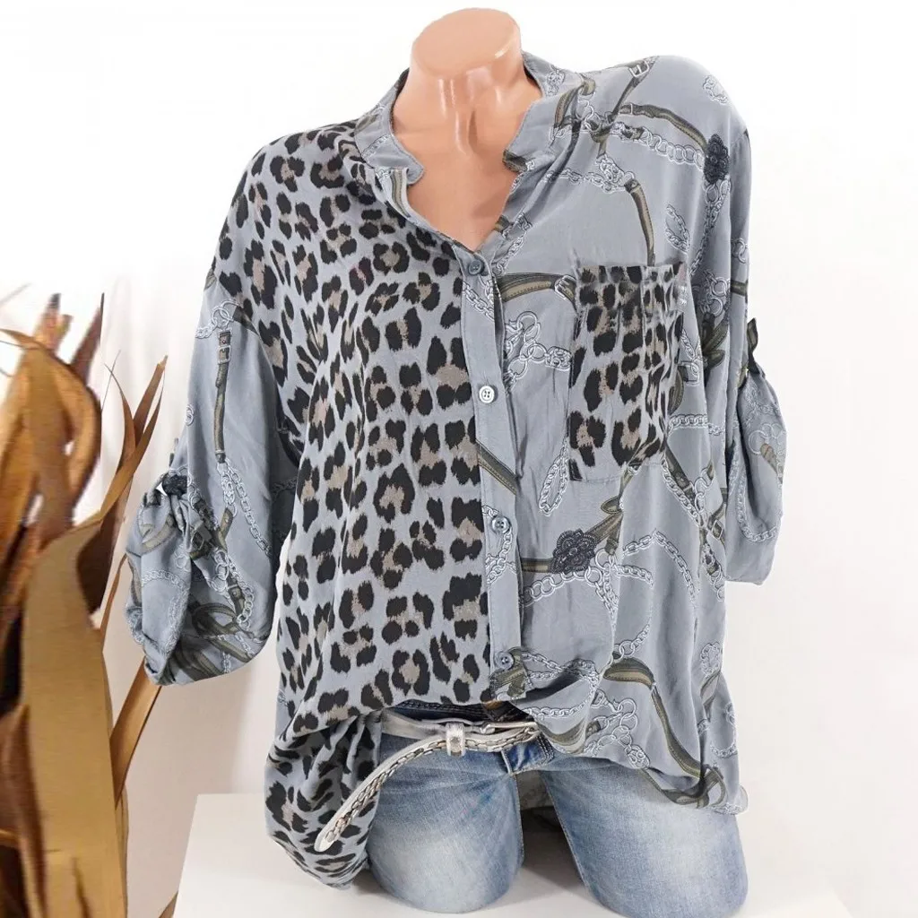 5xl размера плюс, женская блузка, леопардовая расцветка, модная, длинный рукав, с пуговицами, повседневная, популярная, блузка, сорочка, Femme Manche Longue