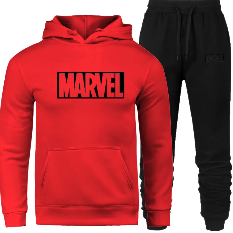 SET-07-hei-MARVEL Брендовый спортивный костюм с принтом MARVEL Модные мужские спортивные толстовки комплекты из двух предметов флисовая плотная Толстовка+ штаны спортивный костюм для мужчин - Цвет: SET-07-hei-MARVEL