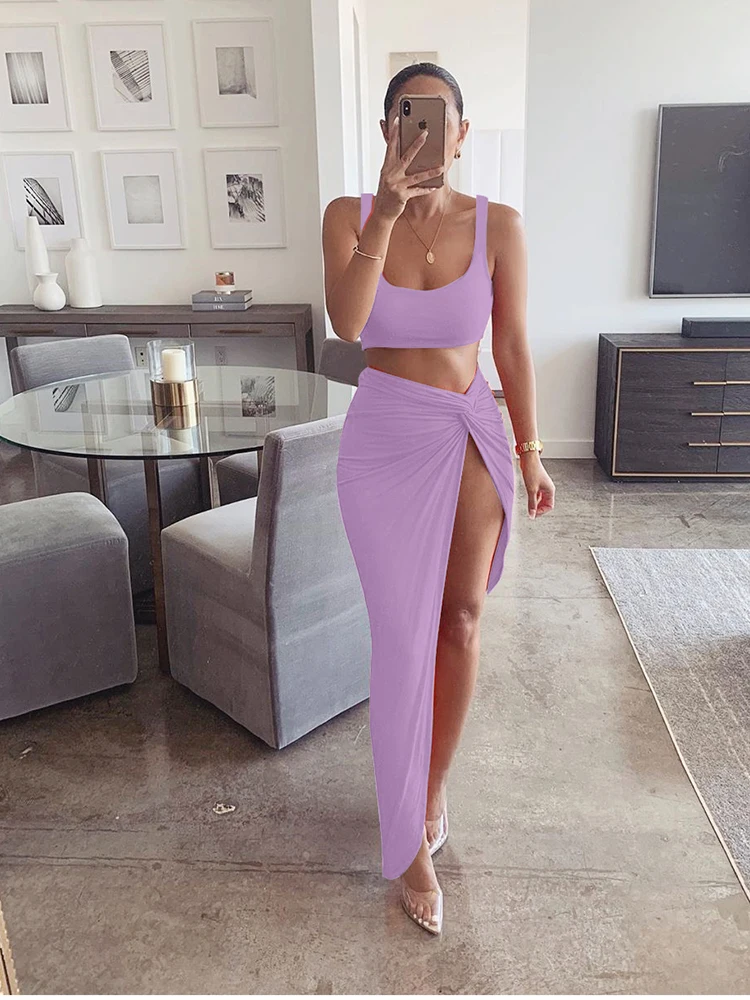 NewAsia Sexy Party 2 Piece Set Women 2019 Plus Size Crop Top Twist Side Split Long Skirts Matching Sets Club Two Piece Outfits