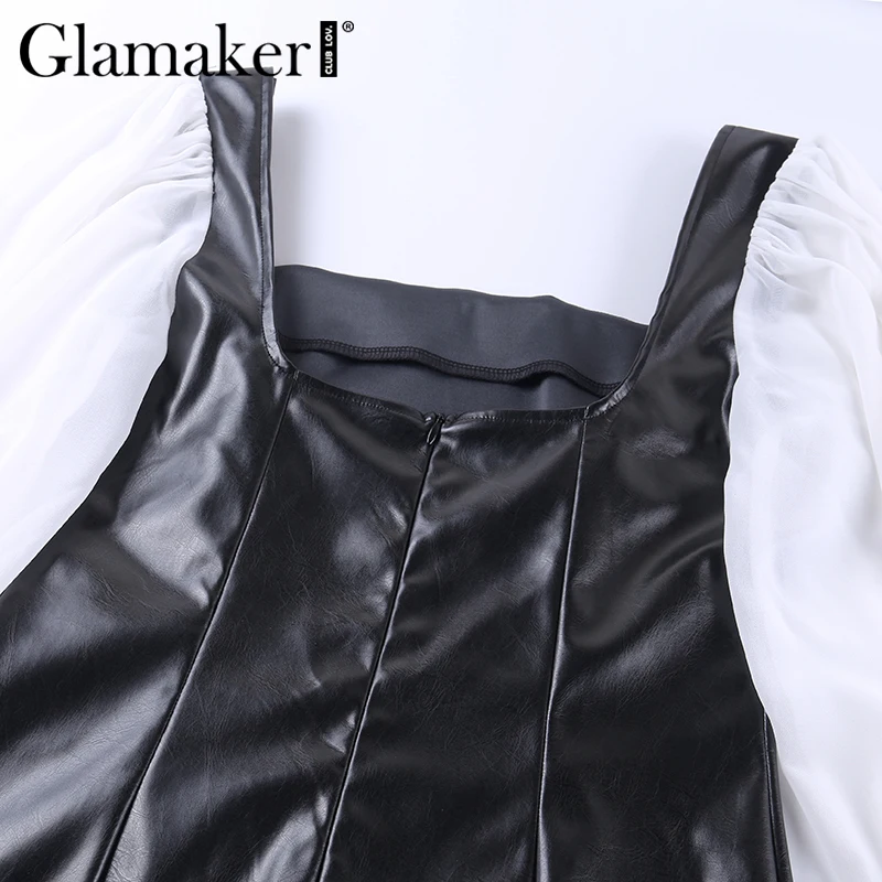Glamaker кожаное элегантное облегающее платье с квадратным вырезом, женское мини-платье в стиле пэчворк с длинным рукавом-фонариком, женское осенне-зимнее сексуальное платье